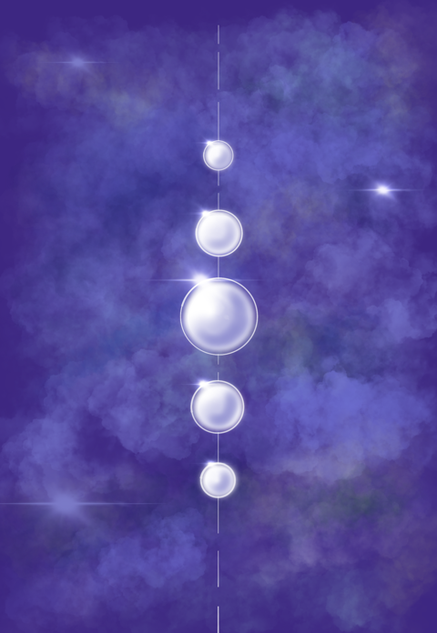 Luminous celestial spheres aligned vertically against a violet cosmos