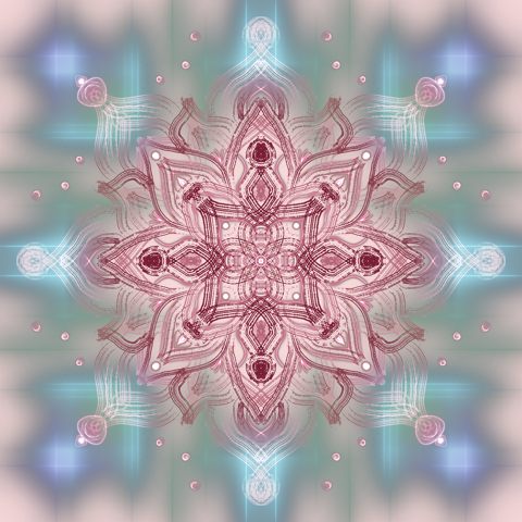 Rose coloured Autumn Equinox mandala on a misty pastel background