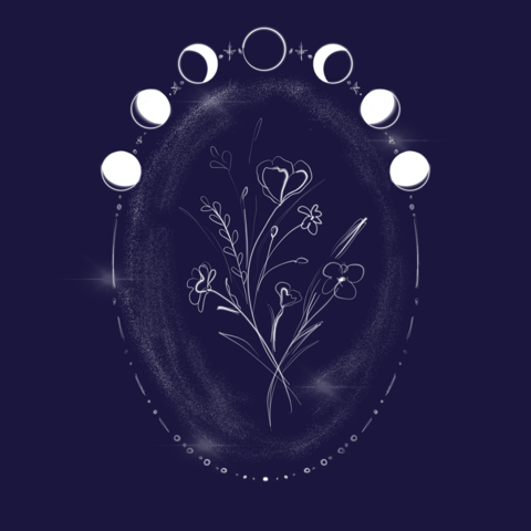 Delicate floral linework encircled by moon phases on a deep indigo background