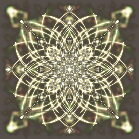 Harmony mandala: luminous ivory and gold petals radiating over a soft earthy background